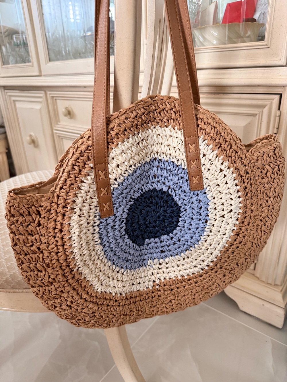 Woven Round Straw Tote Bag in Tan, Cream & Blue